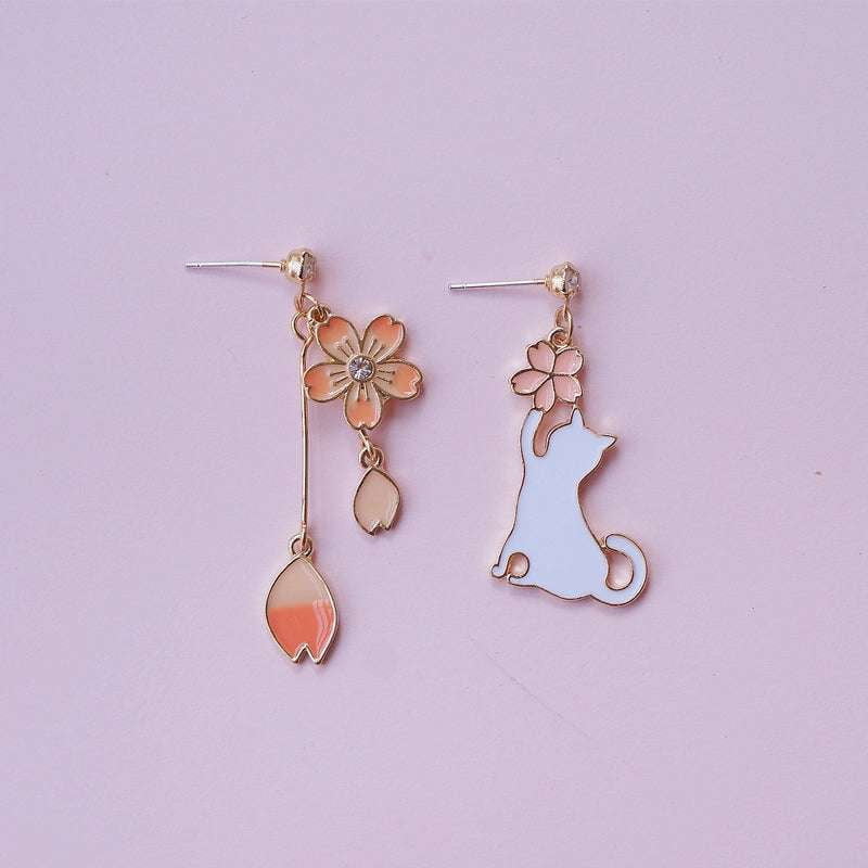 Asymmetrical Cat Earrings, Cherry Blossom Jewelry, Rabbit Fan Earrings - available at Sparq Mart