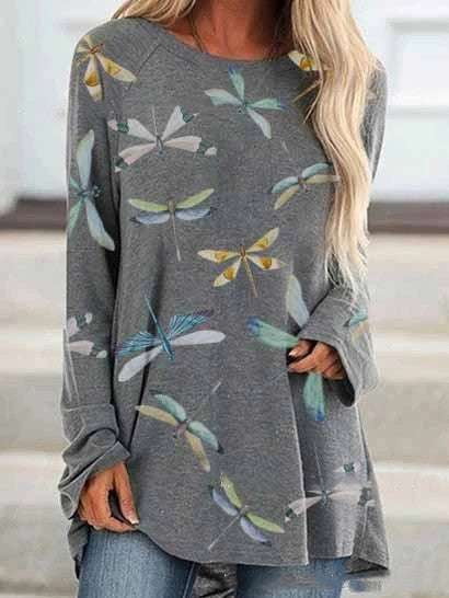 Butterfly Print Tee, Casual Long Sleeve T-shirt, Trendy Round Neck Top - available at Sparq Mart