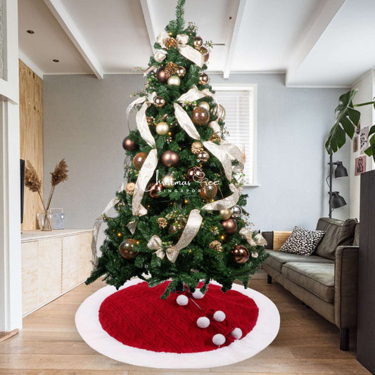 Knitted Christmas Tree Skirt, Pompon Christmas Tree Skirt, White Christmas Tree Skirt - available at Sparq Mart