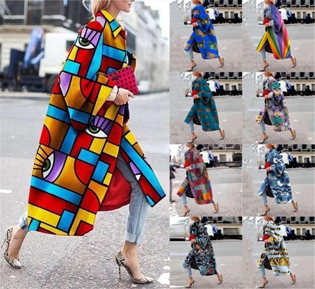 Colorful Long Coat, Geometric Print Windbreaker, Women's Loose Coat - available at Sparq Mart